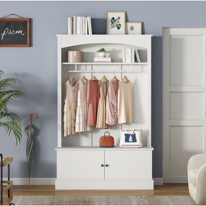 Vestiaire d’entrée 120x40x190 cm avec banc à chaussures penderie et étagères réglables bois blanc