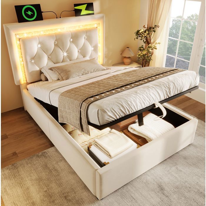 MEULVA Lit coffre 90 x 200 cm avec LED USB et Type-C en velours beige matelas inclus