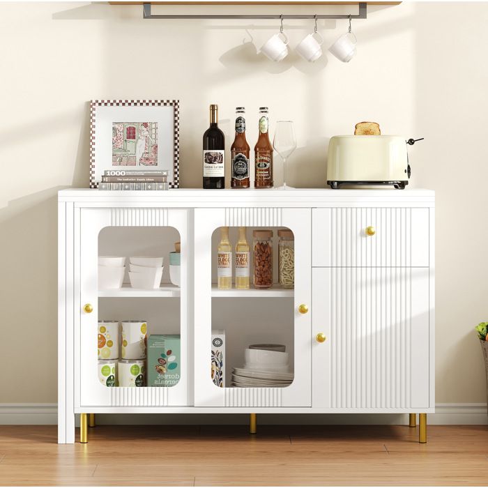 ROVRYN Buffet bas extensible blanc 116 x 40 x 78 5 cm avec plateau rabattable verre trempé et pieds dorés