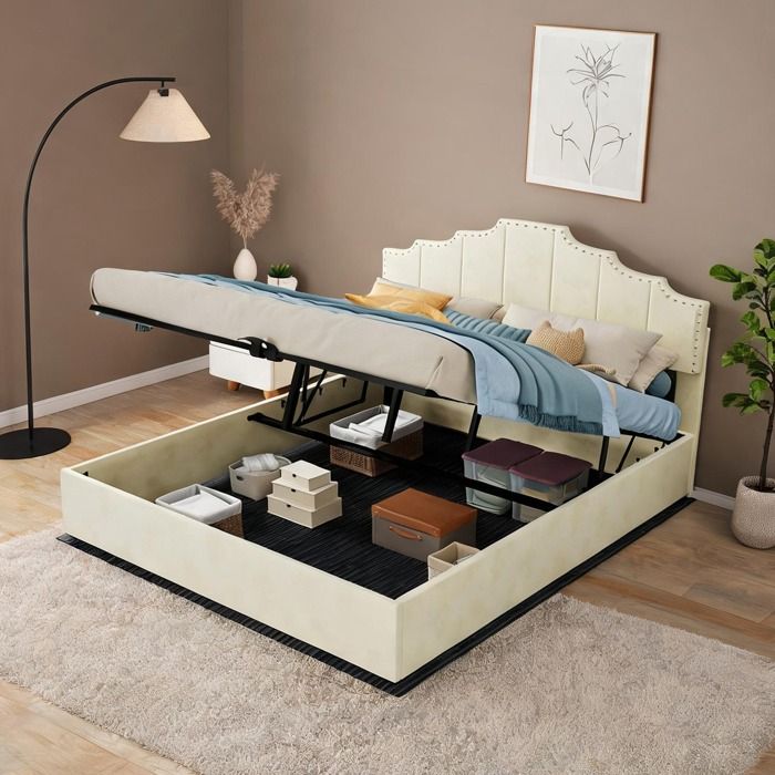 Sommier coffre moderne avec tête de lit capitonnée tissu beige 160x200 cm matelas inclus