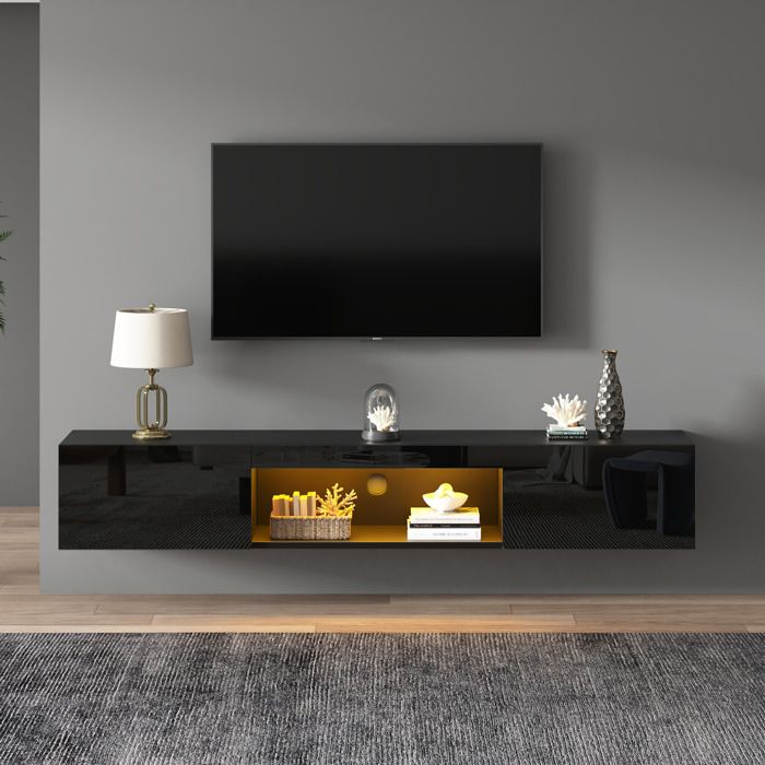 Meuble TV mural noir 160 x 31 x 22 cm avec LED Bluetooth 2 portes abattantes niche ouverte façade brillante ORVRYN