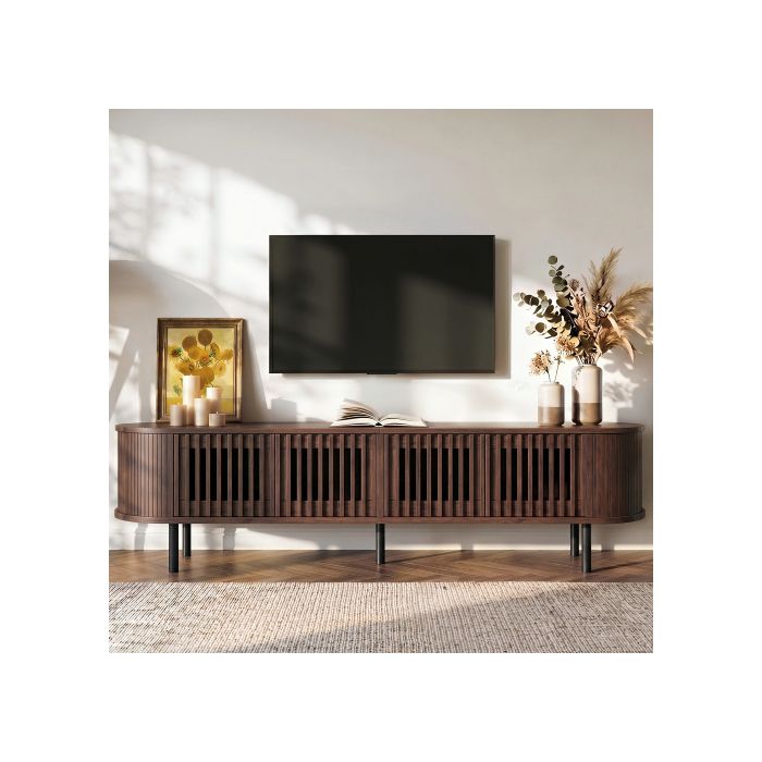 Meuble TV bas 178x39 5x49 5 cm jusqu’à 75 pouces 4 portes battantes façade ajourée MDF effet bois noyer