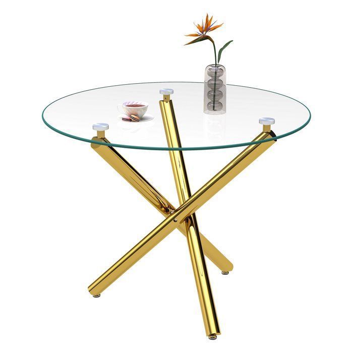 Table à manger ronde plateau en verre trempé pieds dorés table basse style minimaliste moderne 80 × 80 × 76 cm