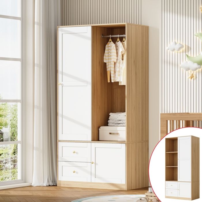 Armoire penderie 80x46x1415 cm avec porte coulissante tringle 2 tiroirs étagères blanc et bois