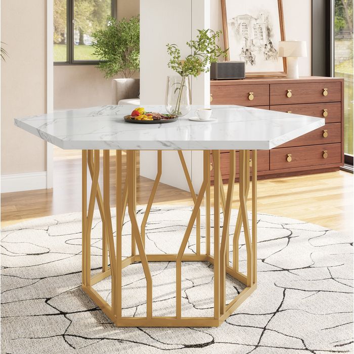 Table à manger hexagonale – MDF aspect marbre – piètement métallique doré – blanc