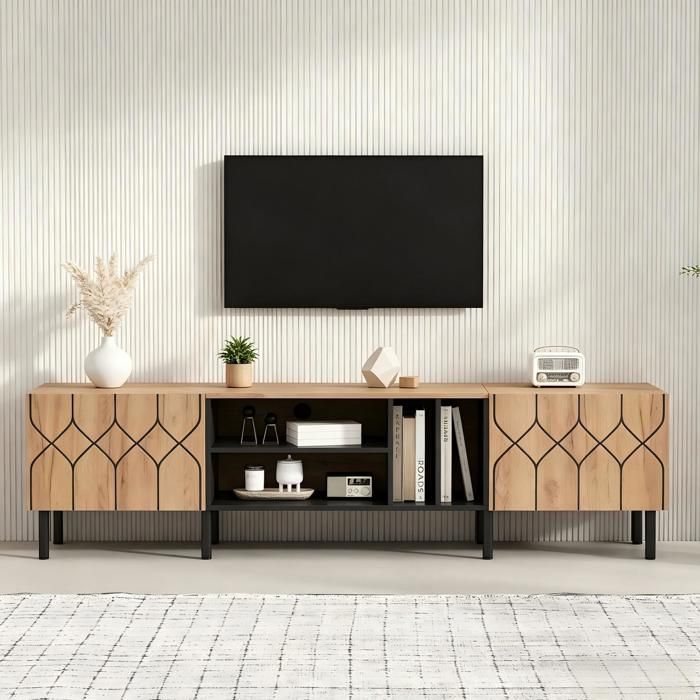 Meuble TV 180 cm Style Industriel Banc TV Moderne avec 2 Portes 4 Rangements Ouverts Pour Téléviseurs Jusquà 70 Pouces 180x40x50cm