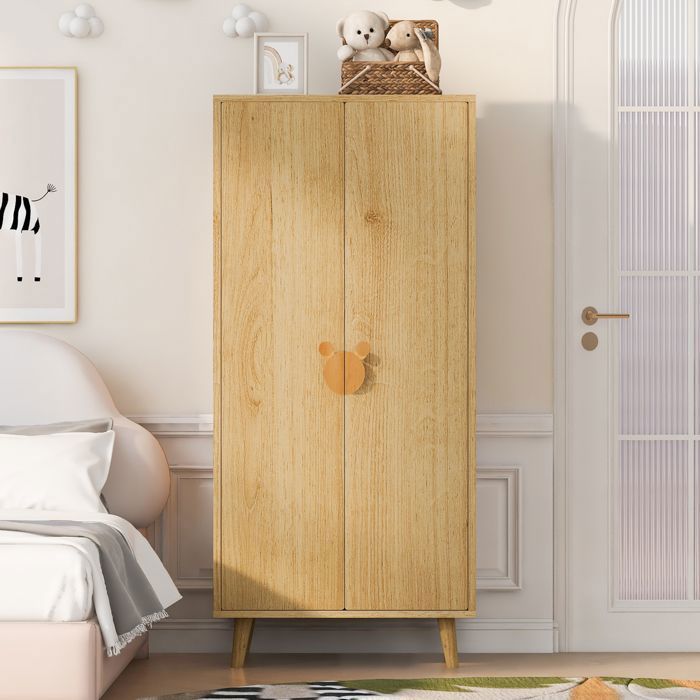 Armoire Chambre Enfant - 2 Portes -Effet Bois Naturel - 70 x 55 x 170 cm avec Poignées Ludiques et Pieds Surélevés