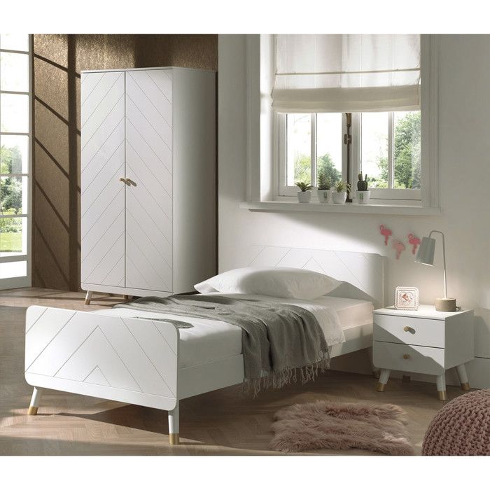 TINY WHITE - Lit 90x200cm + Chevet + Armoire 2 Portes