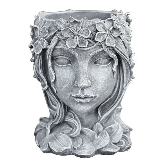 Pot de fleurs en résine avec sculpture d'art de visage - Intérieur Extérieur - Gris