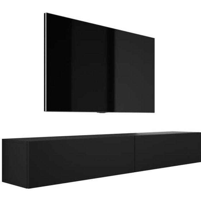 Meuble Tv Rollo 200 Cm à Poser/suspendre En Panneau Stratifié Noir Mat Avec Cheminee Electrique Noir