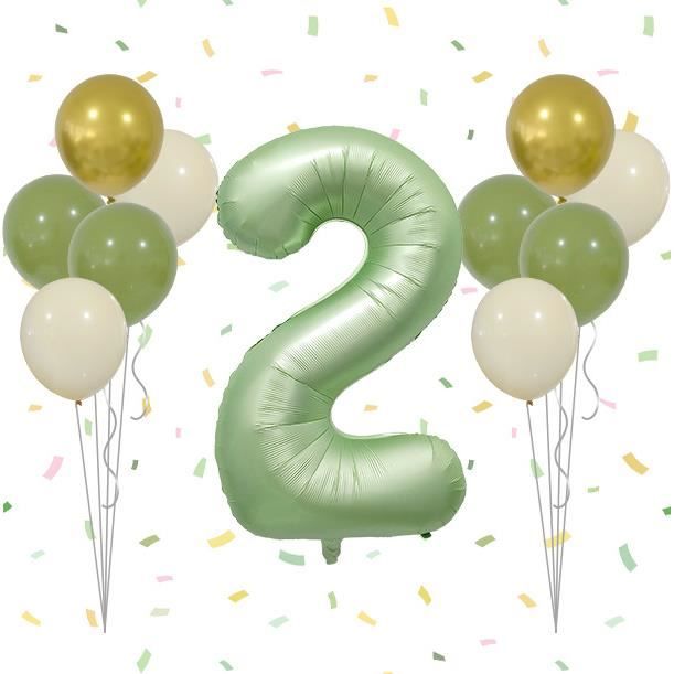 Décoration d'anniversaire 2 ans garçon et fille, ballons vert sauge, ballon en latex blanc sable,cœur ballon en aluminium - Maison