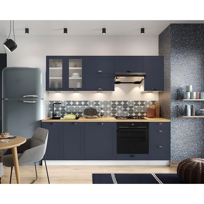 Cuisine complète linéaire 2 40m VICTORIA avec meuble pour four encastrable et lave vaisselle disponible en Blanc Bleu ou Gris Cuisine complète linéaire 2 40m VICTORIA avec meuble pour four encastrable et lave vaisselle disponible en Blanc Bleu ou Gris