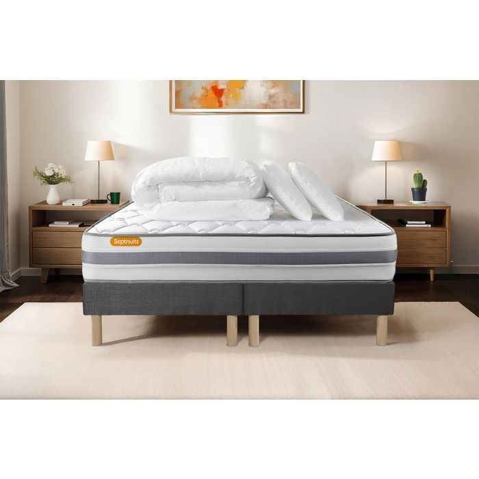 Pack matelas double sommiers gris Memo Spring Ressorts avec Couette et 2 oreillers