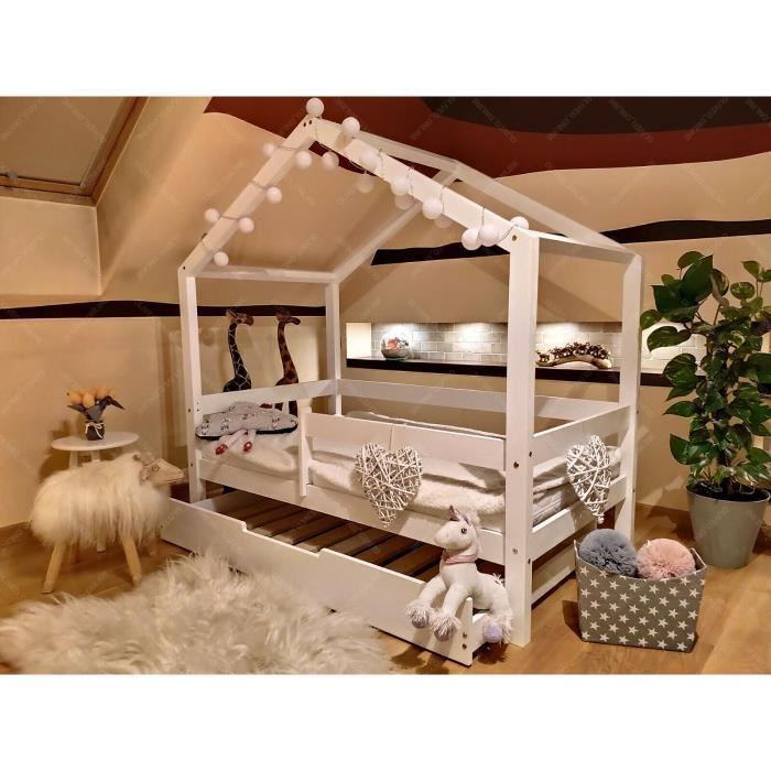 Lit Cabane pour enfants avec barrière et tiroir - Couleur Blanc - 200x120cm  - En bois - Cdiscount Maison