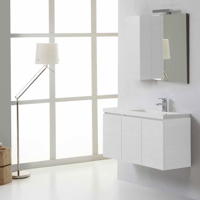 Meuble de salle de bains de 90 cm droite avec portes miroir et armoire murale blanc Manhattan