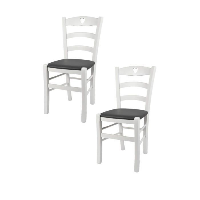 Chaises de cuisine Tommychairs - Set de 2 Cuore en bois blanc et assise en cuir gris foncé