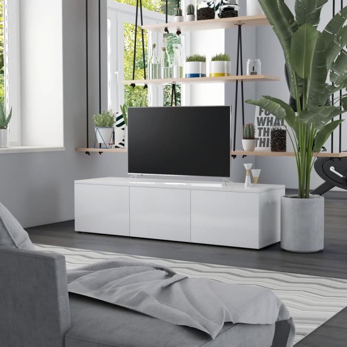 meuble tv bas scandinave contemporain - best9372bel - blanc brillant - 120x34x30 cm - 3 tiroirs