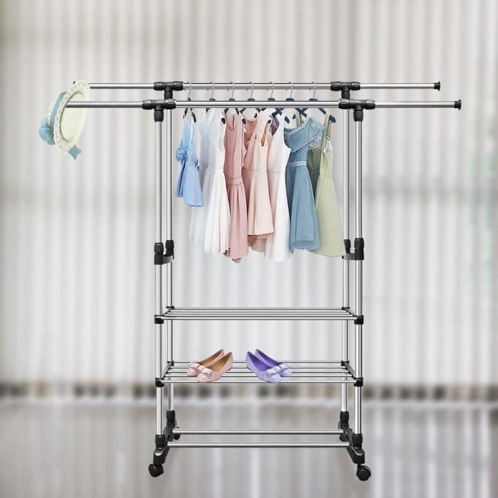 Portant à Vêtements Sur Roulettes - 2 Tringles + étagère - Charge 120kg - Métal Noir - 76x42x156cm - Pour Dressing Ou Couloir