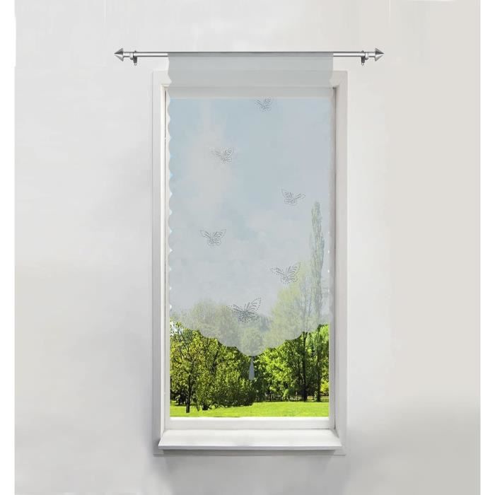 CORLIF Rideau Brise-Bise Avec Cordon De Serrage - Voile Transparent Imprimé Papillons Blanc 40x90cm