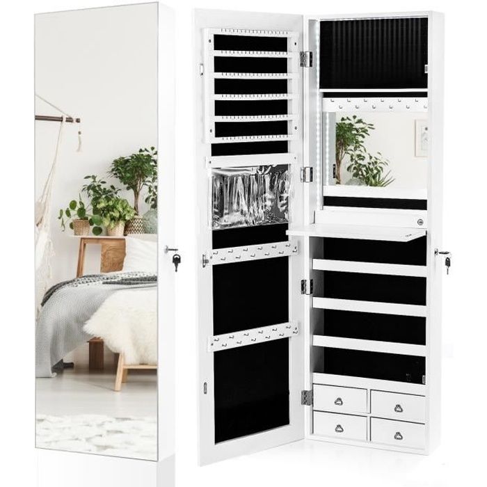 COSTWAY Armoire à Bijoux Murale/à Suspendre LED4 Tiroirs 4 Etagères et 1 Abattant Intégré pour Bijoux et Cosmétiques Blanc