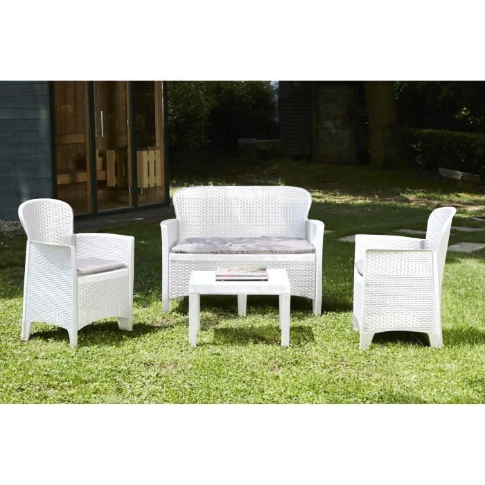Dmora Set salon dextérieur Ostuni Salon de jardin composé de 2 fauteuils 1 canapé et 1 table basse avec coussins Blanc