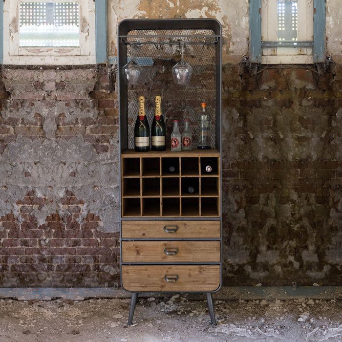 Buffet bar 56x38x170 cm en sapin naturel et noir Buffet bar 56x38x170 cm en sapin naturel et noir