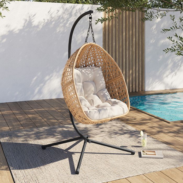 IDMARKET Fauteuil lune suspendu ajouré effet rotin avec coussin écru IDMARKET Fauteuil lune suspendu ajouré effet rotin avec coussin écru