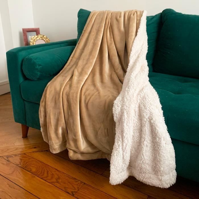 Plaid polaire doublé imitation mouton beige 130 x 170