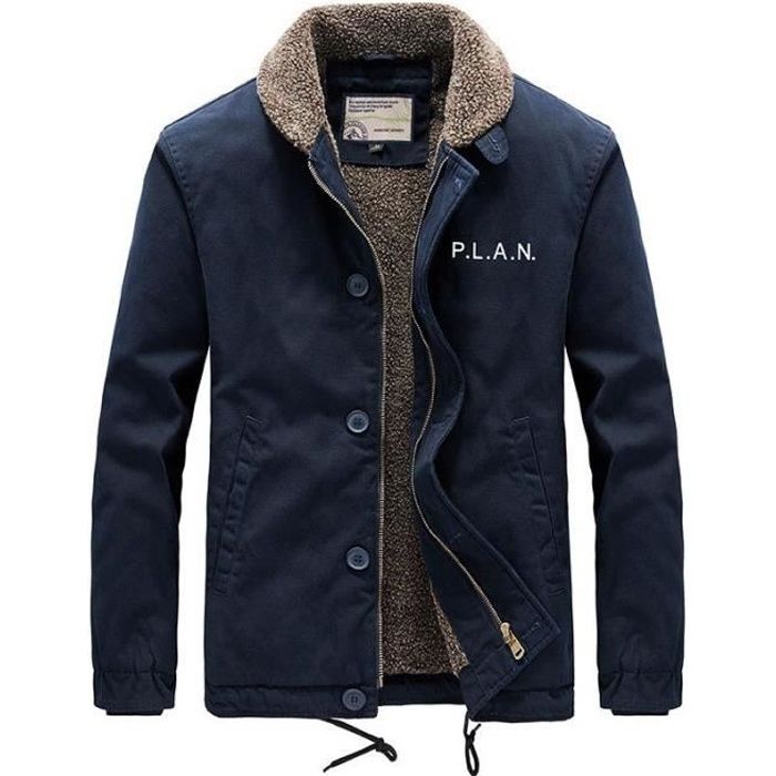 Blouson Homme Hiver Doublee Polaire Casual Veste Zippee en Coton Chaude Epaisse Couleur Unie Bleu fonce