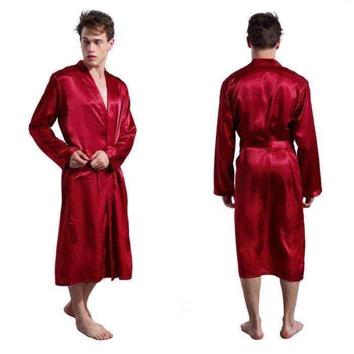 Robe de Chambre Homme Satin L?�ger Peignoir de Bain Manches Longues Avec Ceinture Couleur Unie 