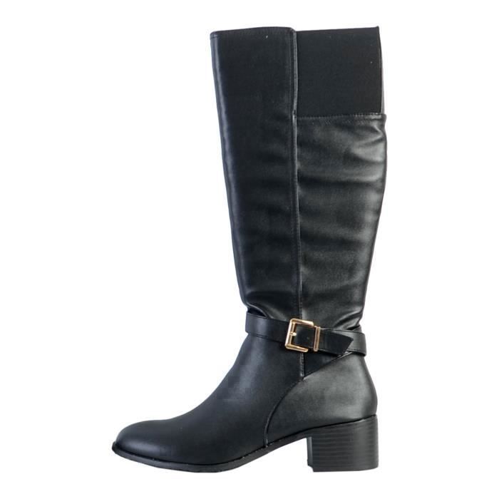 Bottes Femme - THE DIVINE FACTORY - Fermeture à Zip - Talon Large - Confortable - Cuir Noir
