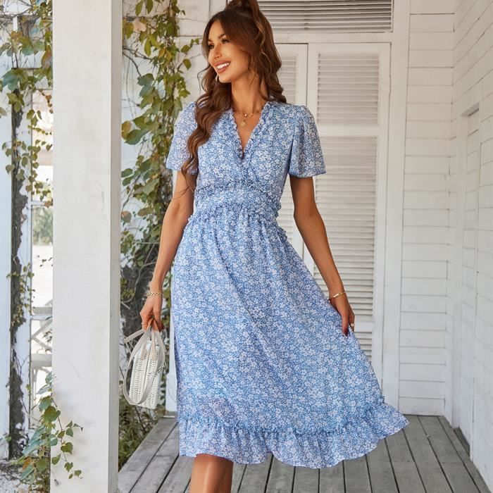 Robe femme ete chic et elegant Imprim Vacances la plage Bleu