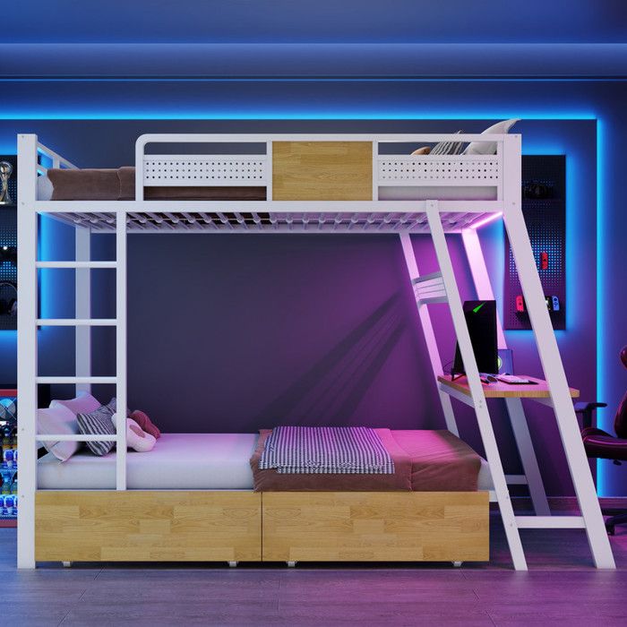 Lit Superposé 90X200 en Métal et Bois avec LED Lit Coffre avec Bureau et Rangement Blanc