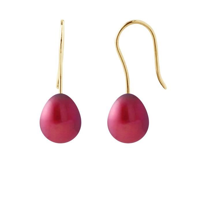 PERLINEA - Boucles dOreilles - Véritables Perles de Culture dEau Douce Poires 7-8 mm Rouge Cerise - Or Jaune - Bijoux Femme