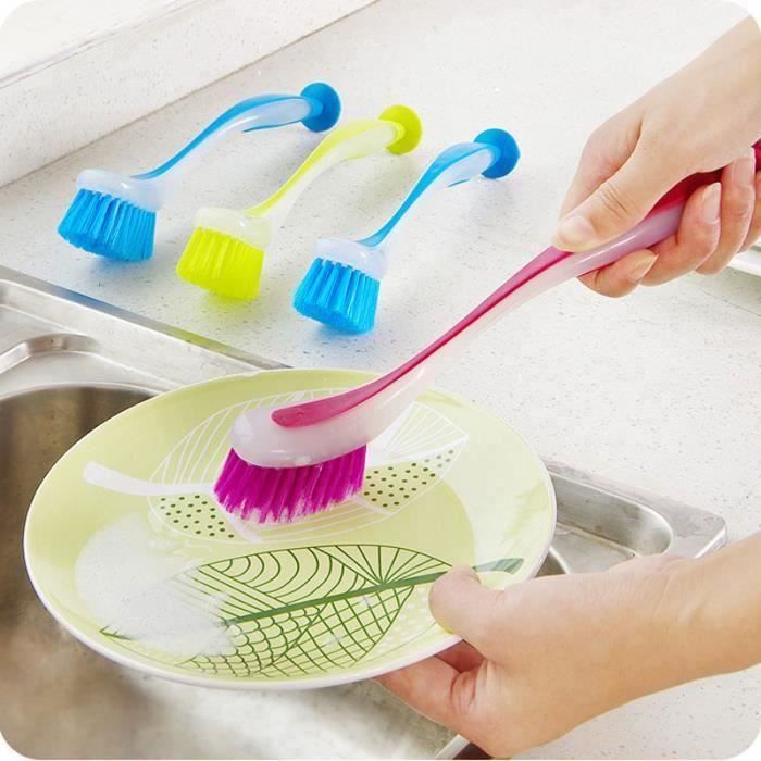 Brosse à Vaisselle Avec Ventouse - Pour évier, Poils En Nylon, Poignée Ergonomique - Économise De L'espace - 3