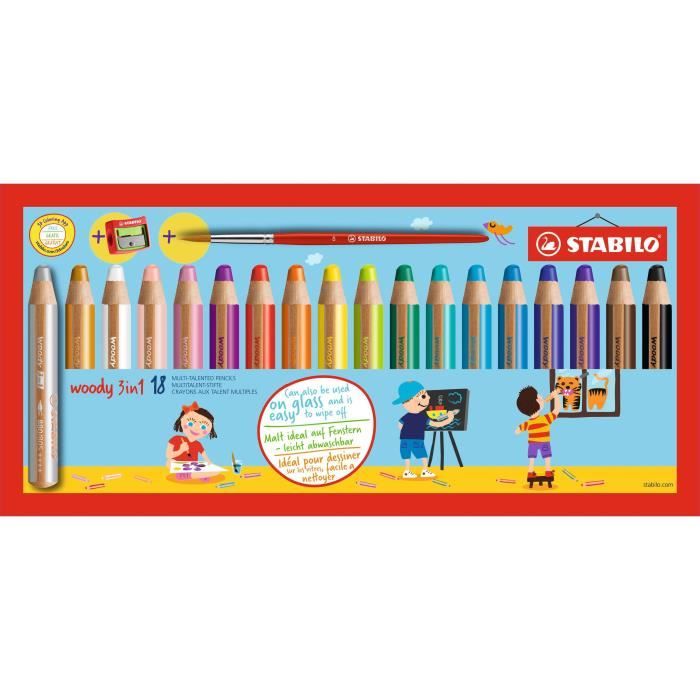 STABILO 18 crayons de couleur Multi-talents Woody 3in1 + 1 pinceau rond taille 8 + 1 taille-crayon