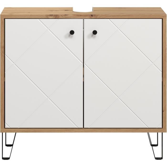 Meuble+sous+lavabo+-+Decor+blanc+et+chene+-+L69+xH+61+x+P32+cm+-+TOUCH