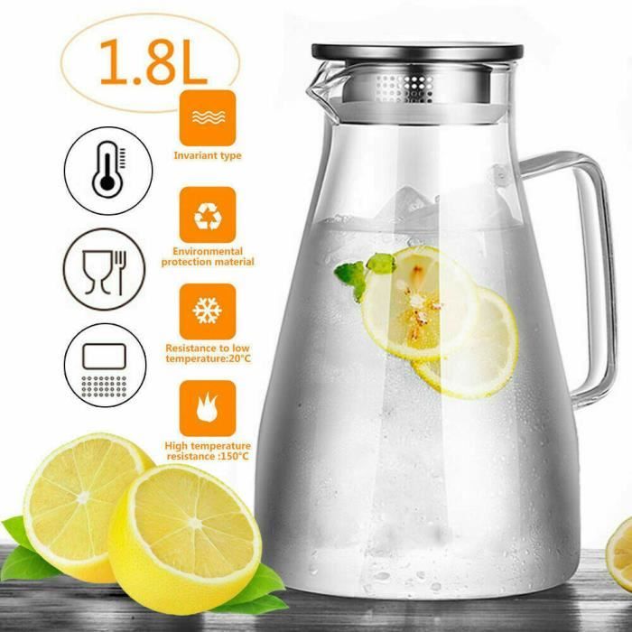 Pichet à Boisson En Verre De 1,8 L - Carafe Froide Avec Couvercle Et Bec Verseur, Pour Sangria, Eau, Jus