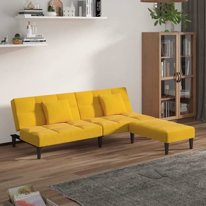 neu* meuble 2 places - canapé convertible en lit - et deux oreillers repose-pied jaune velours - 9840