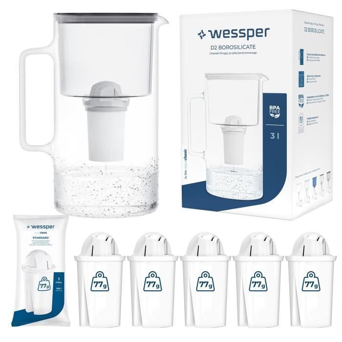 Wessper Carafe Filtrante en Verre + 6 cartouche Carafe deau