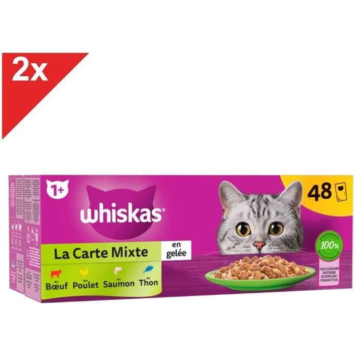 WHISKAS 96 Sachets fraîcheur en gelée 4 variétés mixtes pour chat 85g (2x48)