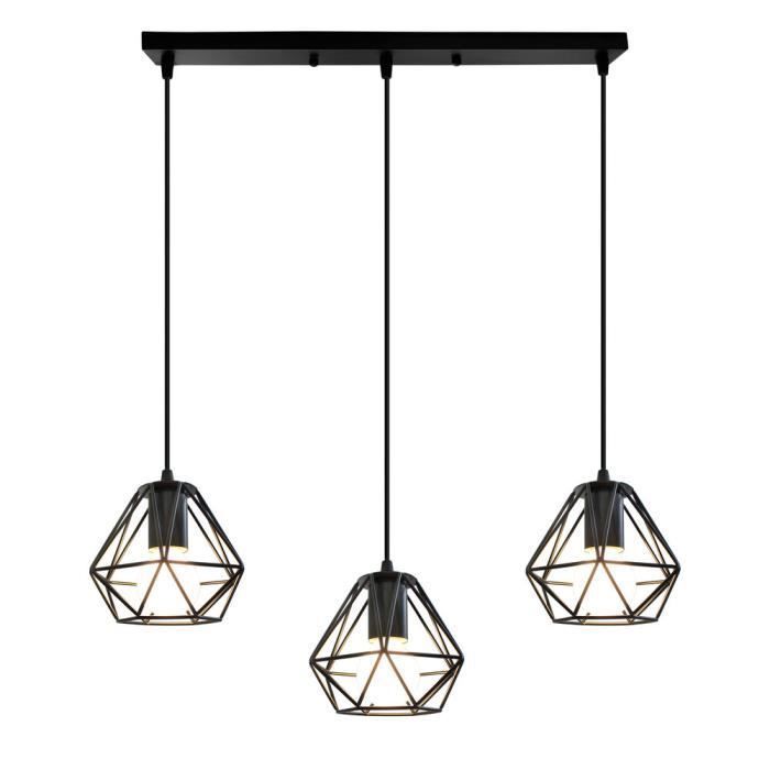 Suspension Luminaire Industrielle 3 Lumières en Barre Rétro Lustre Cage Diamant E27 16cm Noir - WOTTES