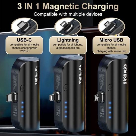 Mini Batterie Externe 5000mAh 3 en 1 Magnétique Chargeur Portable