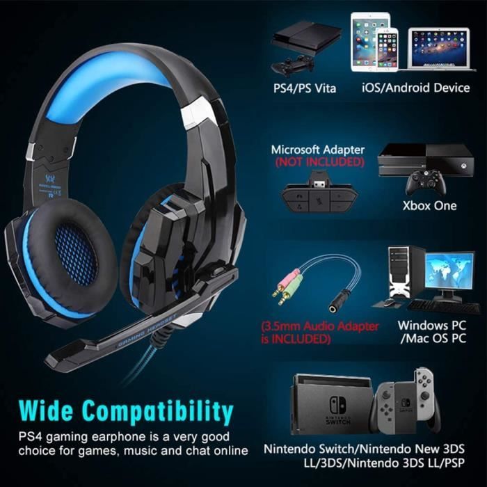G9000 Gaming Ecouteurs Casque Mini Jack 3.5mm USB pour PS4 Xbox One Laptop  Bleu