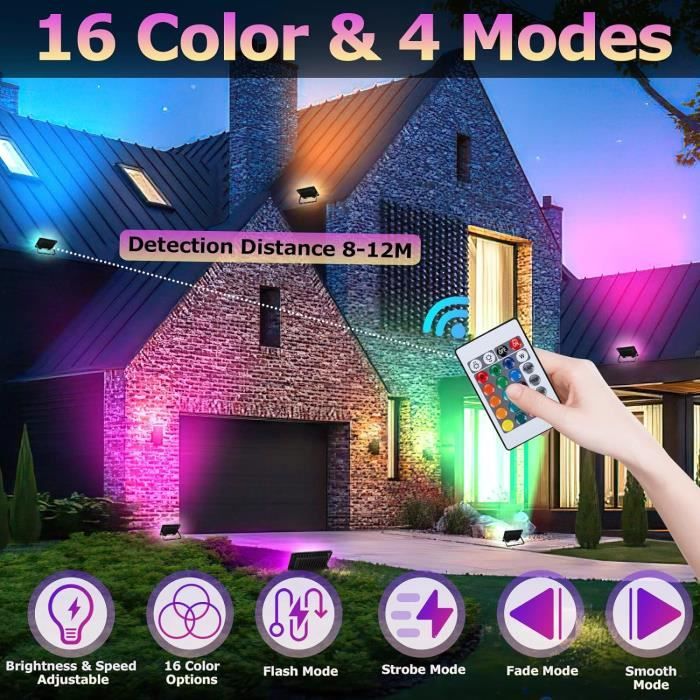 Lot 2 Projecteurs LED RGB Extérieur 50W - Télécommande + App Bluetooth - IP66 Étanche Pour Jardin