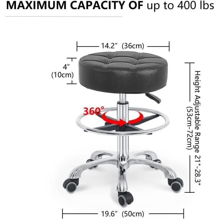 Tabouret Pivotant Hauteur Réglable Avec Roues | Chaise Ronde Ergonomique 360° | Charge 180 Kg | Bureau, Salon, Spa, Cuisine, Atelier