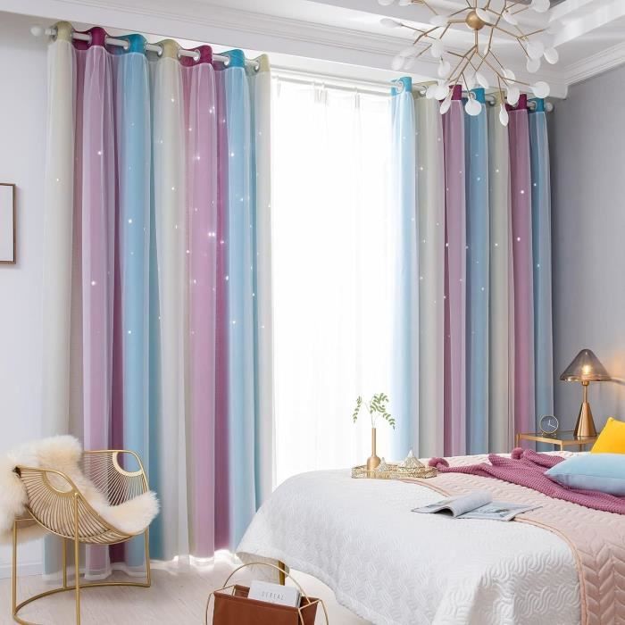 Rideaux étoiles évidés à Double Couche - Rayures Arc-en-ciel - 1x2 M - Bleu Clair - Anti-moustique, Occultant, Déco Enfant