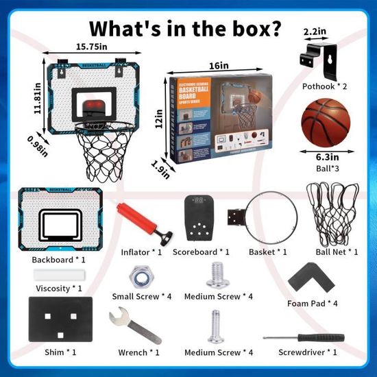 Panier De Basket Enfant Intérieur – Avec Lumières LED, Tableau D'Affichage Et 4 Ballons – Dès 3 Ans