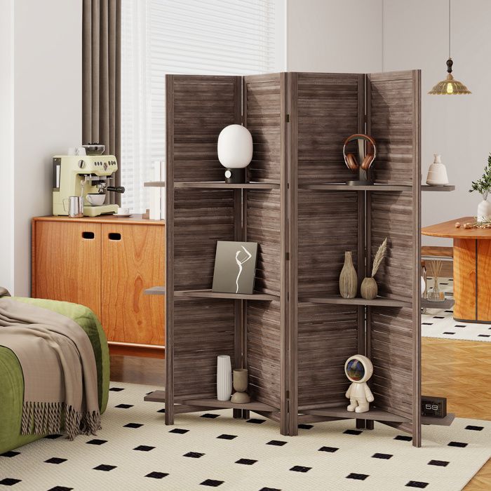 Paravent intérieur - HOMCOM - 4 panneaux 3 étagères pliables séparateur pièce portes persiennes - bois - 162x170cm - naturel - Maison