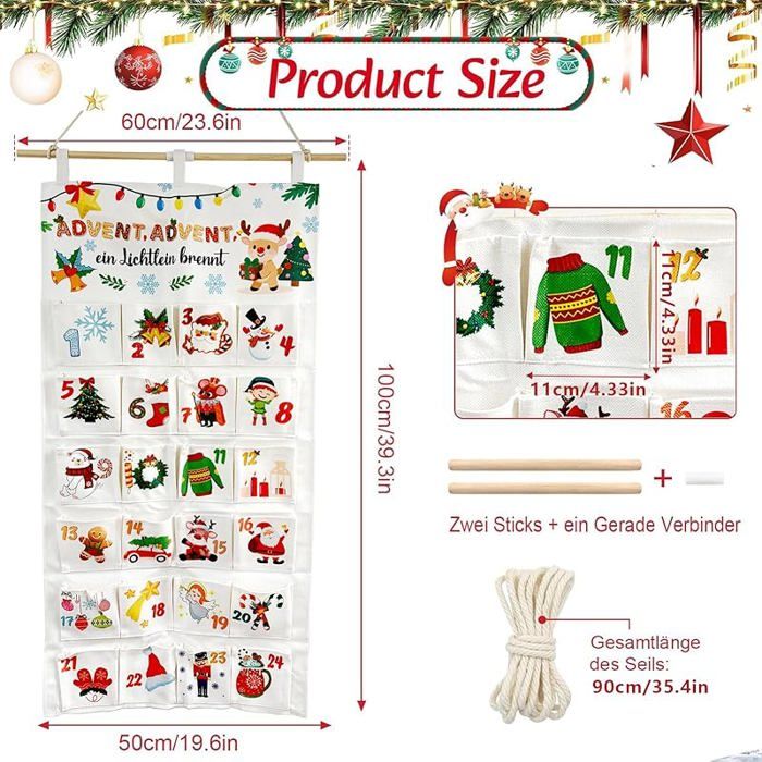 Calendrier De L'Avent 2025 En Tissu Réutilisable - 24 Poches (120x60 Cm), Compte à Rebours Noël Personnalisable, Noir Ou Beige